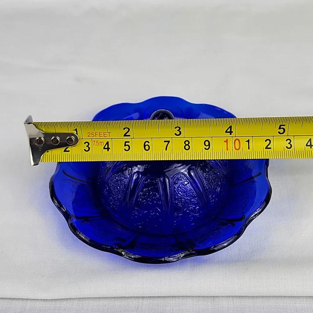 VTG Butter/Cheese Dish Cobalt Blue Glass Cherry Blossom Embossed Scalloped Edge